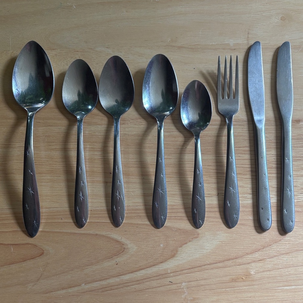 VINTAGE MCM Atomic Starburst Stainless Flatware Set - 8pc Mar-Crest Citation